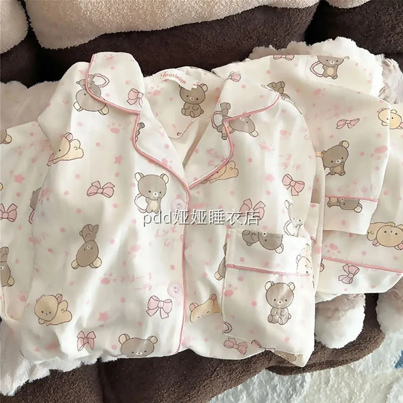 

Kawaii Rilakkuma Pajama Women Spring Autumn Long Sleeved Pants Real Silk Cartoon Cute Y2K Girl Home Clothing Set birthday Gifts
