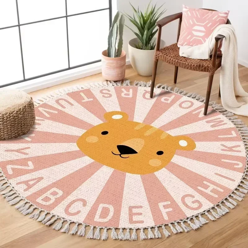 

Round Living Room Carpet Cartoon Cute Print Style Large Area Rug Dirt-Resistant Machine Washable Foldable Bedroom Mats Tapis 러그