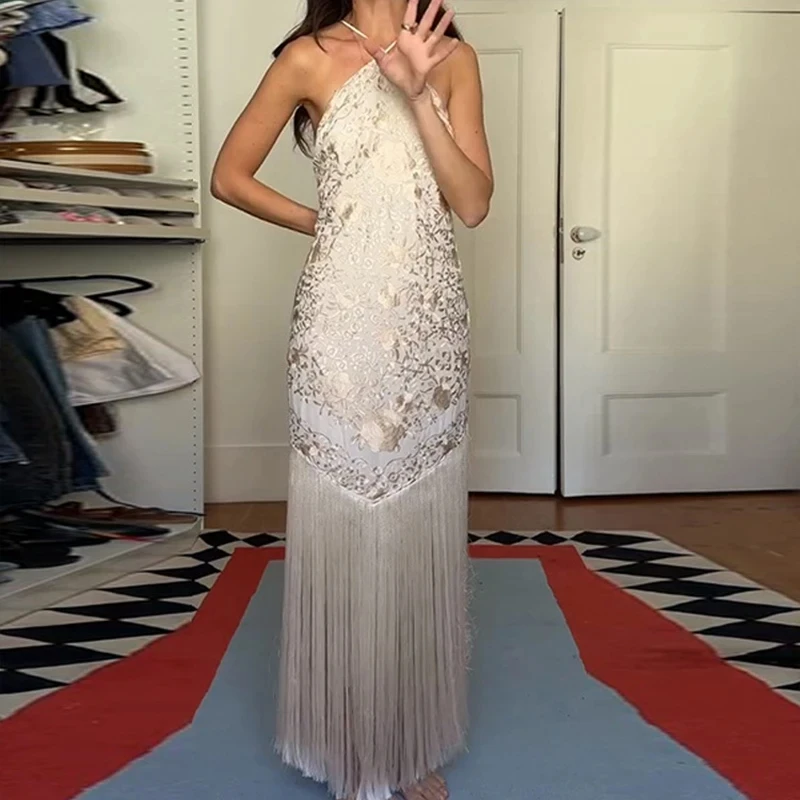 

Fashion High Waist Color Blocked Gown French Style Satin Backless Halter Evening Dress Hot Girl Low Cut Tassel Hem Spliced Dress