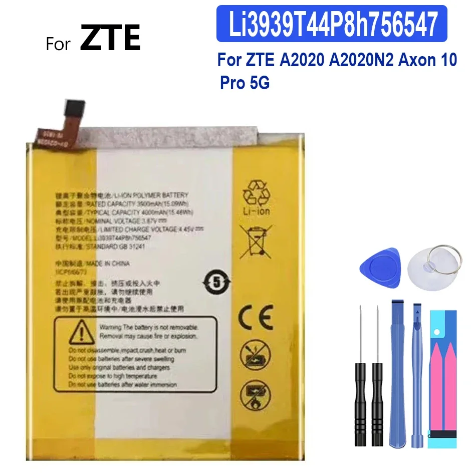 Bateria Li3939T44P8h de 4000mAh 756547   Para ZTE A2020 A2020N2 Axon 10 Pro 5G A2019 Pro AXON 9 Pro Bateria de grande potência