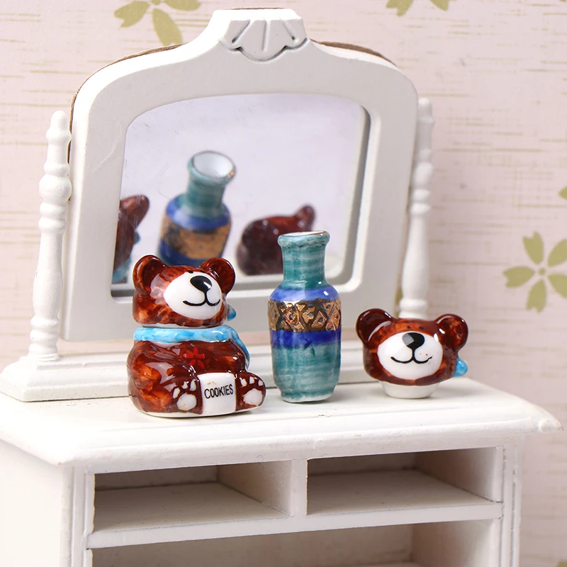 Miniatura Cute Ceramic Cookie Jar, Candy Jar, Mini Reino Animal, Vaso de Urso, Caixa De Açúcar De Cerâmica, Modelo De Brinquedos, 1:12 Dollhouse, 1 Pc, 2Pcs