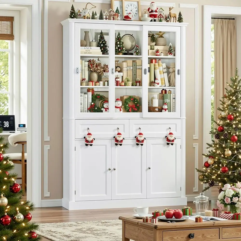 

Высокий белый книжный шкаф 73,5 дюйма с выдвижными ящиками и раздвижными стеклянными дверцами для домашнего офиса, гостиной и хранения на кухне