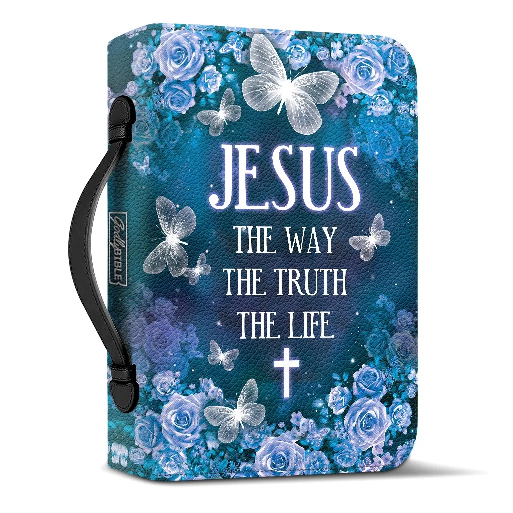 PU Leather Bible Bag Carrying Case Personalized Holy Cover Case The Way The Truth The Life Butterflies Print Handle Book Protect