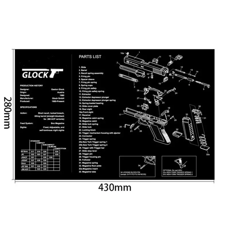 Borracha arma limpeza Mat peças, Instruções Mouse Pad para AR15, AK47, Remington 870, GLOCK, CZ-75, Punisher, P220, P320, M92, 1911