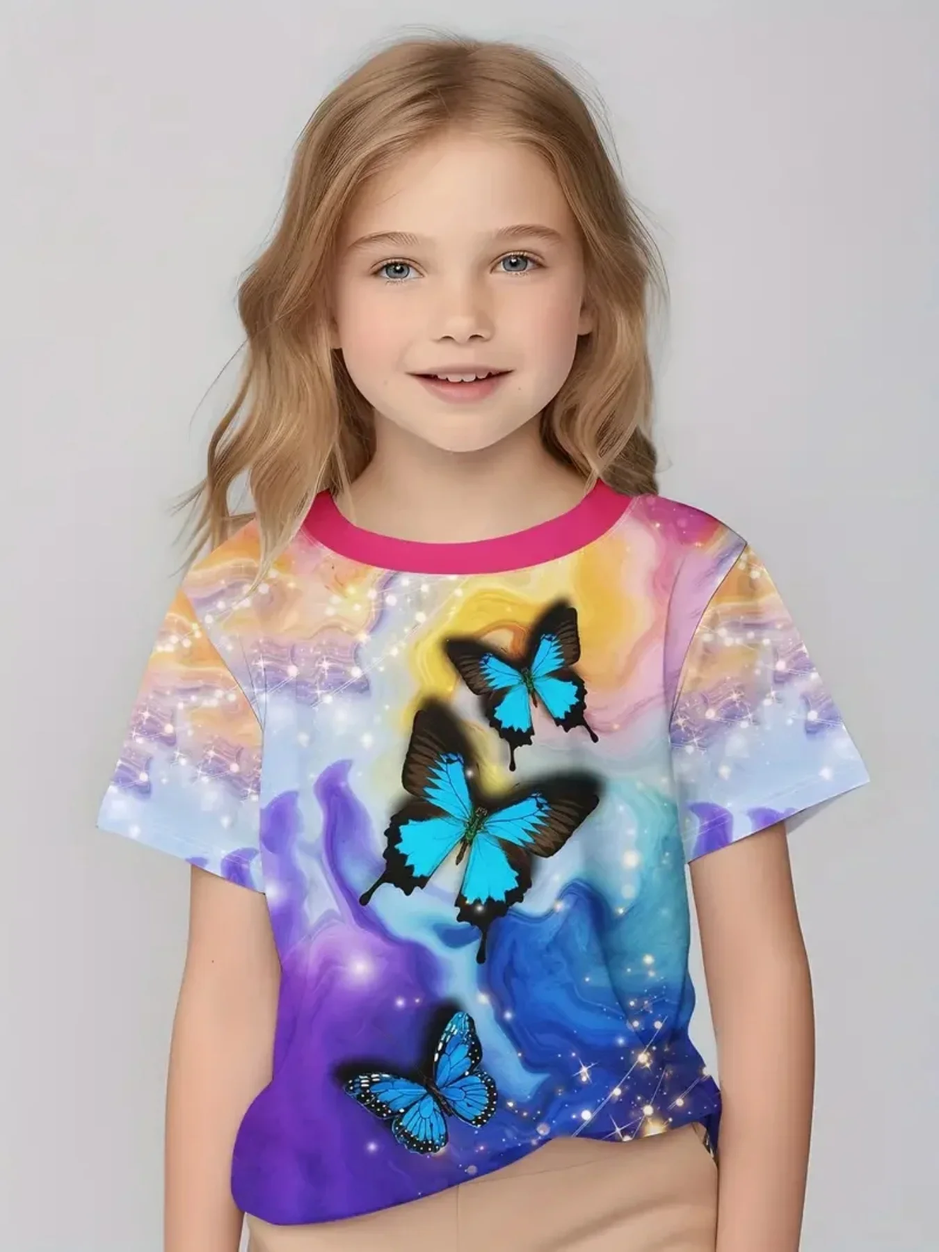 

Girl Clothes Butterfly 3D Print Kids T Shirt Summer Children's Clothing Fashion Clothing for Girls Round Neck Tops Child T Shirt