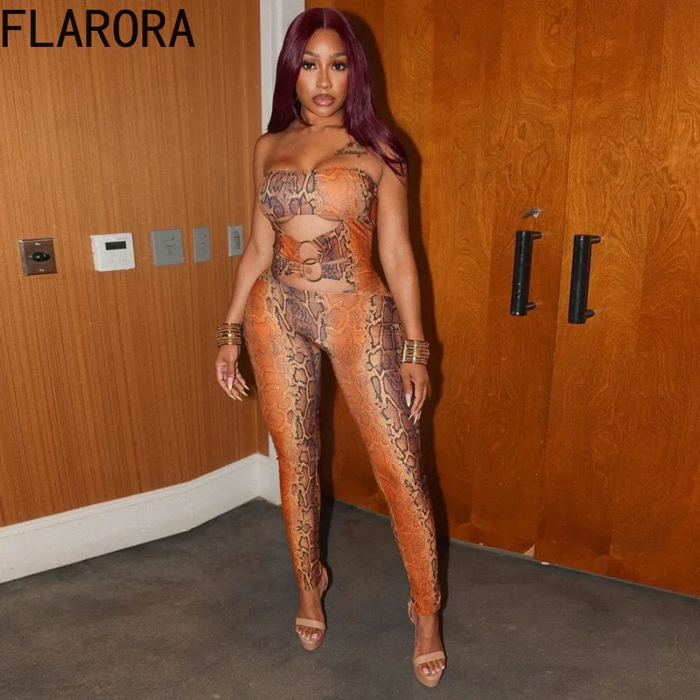 

FLARORA Sexy Serpentine Printing Jumpsuit Woman Hollow Out Metal Cirque Strapless Jumpsuits Midnight Activity Stretch Overalls