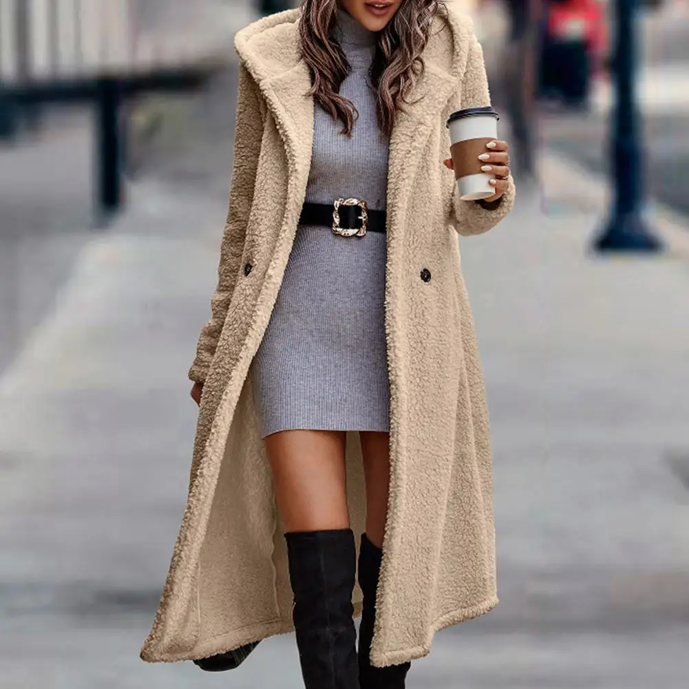 

Women Winter Coat Thick Solid Color Hooded Hat Long Sleeve Keep Warm Woolen Mid-calf Length Lady Overcoat for Outdoor Chaquetas