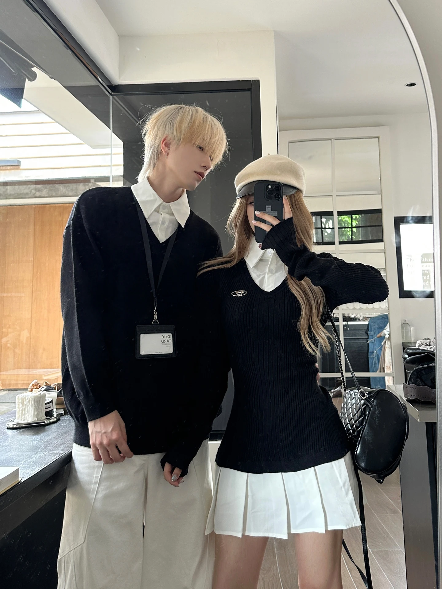 Korean Style College Couple Matching Fake Two-Piece Knitted Dress Men's Long Sleeve Slimming Sweater with Collar for Autumn