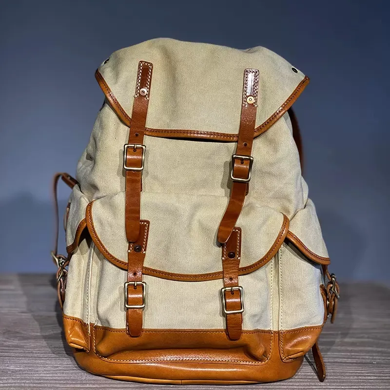 Outdoor travel high-quality canvas genuine leather men women\'s backpack vintage designer handmade luxury mountaineering bagpack