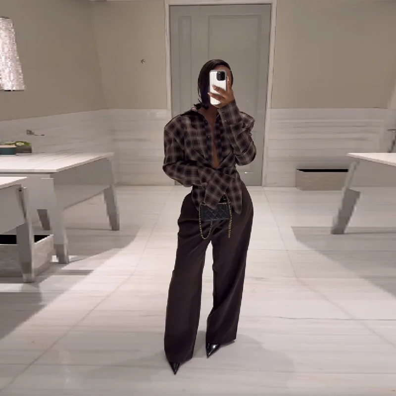 

Elegant Commuter Vintage Plaid Long-Sleeve Slim-Fit Shirt 2025 Autumn