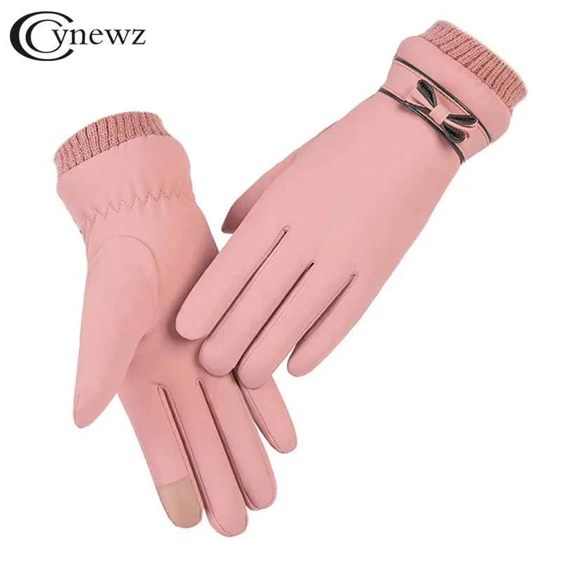 Fashion Winter Women Gloves Windproof Internal Plush Warm Lady Mittens Touch Screen Skin-friendly Soft PU Leather Female Gloves