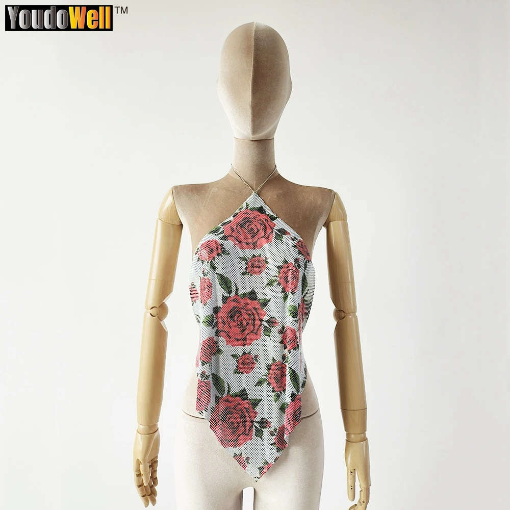 

Backless Tank Top for Women, Thin Chain Halter Bar, Metal Rose Pattern, One Piece Square Scarf, Nightclub Bouncer, Sexy, Y2K