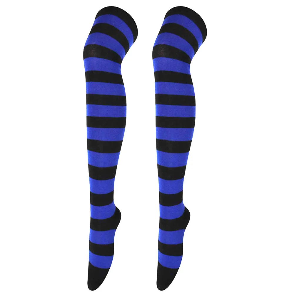 Bas au-dessus du genou pour femme, chaussettes longues rayées, bas de cuisse, bleu, noir, Halloween Anime, culotte avec porte-jarretelles, accessoires de cosplay