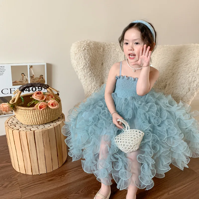 

Girls Casual Dresses Childrens Clothing Summer New Children Korean Sling Princess Mesh Yarn Baby 2024 Fashoin Solid Sweet