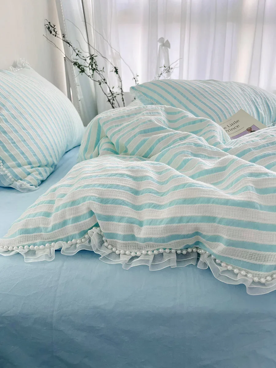 2023 Girl Heart Lace Blue Stripe Washed Cotton Four-piece Cotton Quilt Cover Sheet