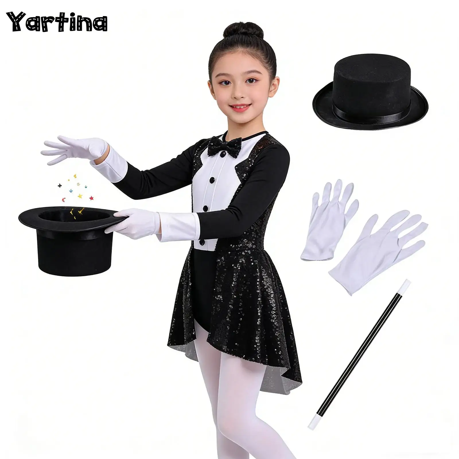 

Girls Magician Cosplay Costume Sequined Circus Performance Outfit Long Sleeve Skirted Leotard Dress with Hat Magic Wand Gloves