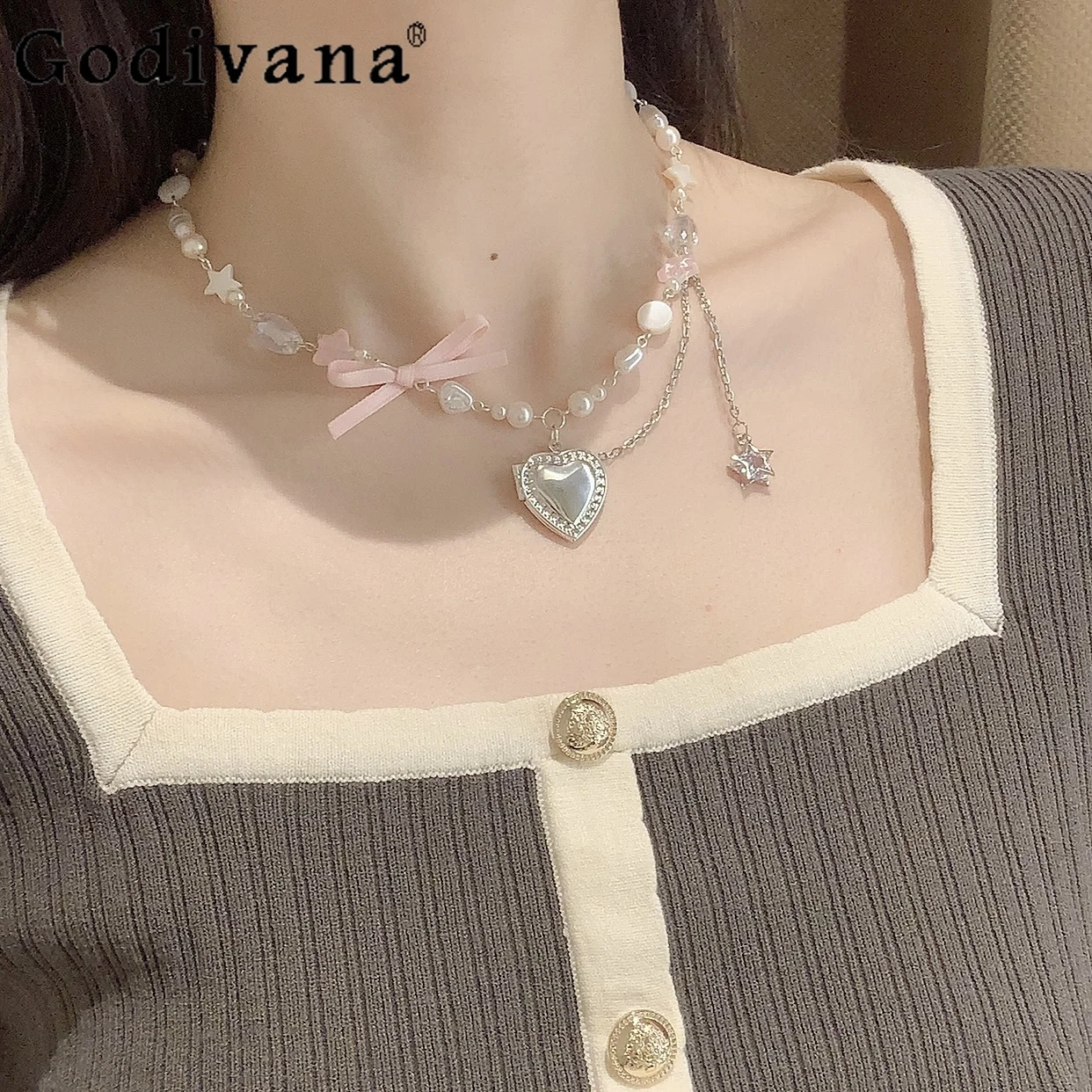 

Summer Fashion Bowknot Love Pendant Lolita Necklace Japanese Handmade Girly Sweet Y2k Elegant All-Match Clavicle Chain Women