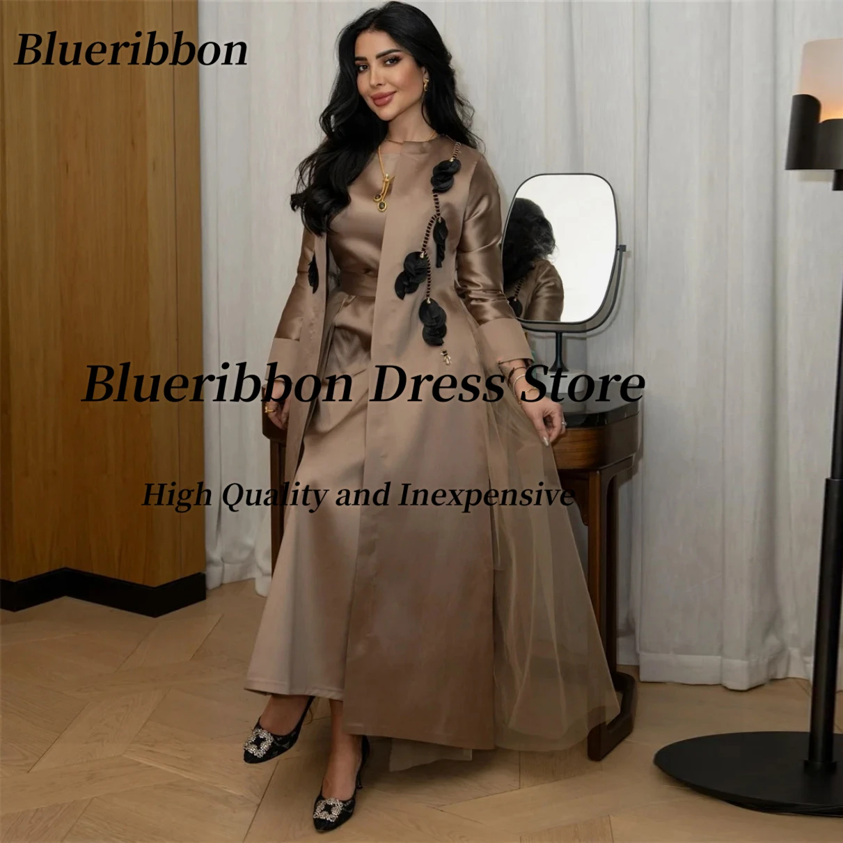 

Blueribbon с круглым вырезом, Саудовские женщины, две части, платья для выпускного вечера, бисерные цветы, куртки с длинными рукавами, вечернее платье по индивидуальному заказу