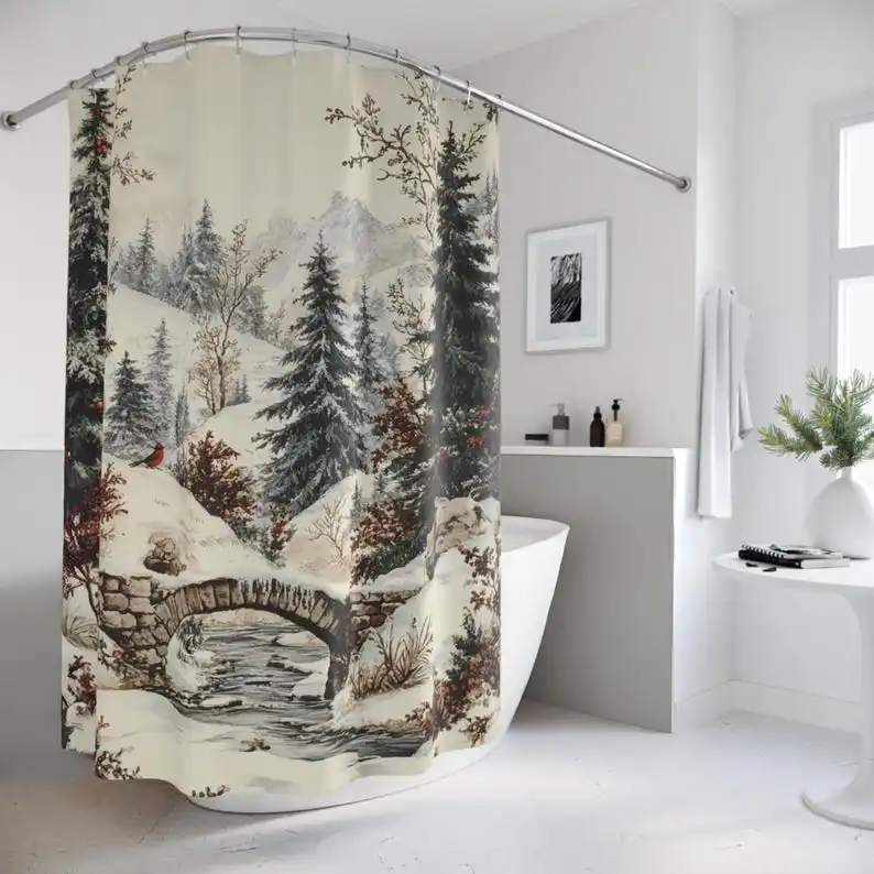 ستارة دش لمشهد الجبال لعيد الميلاد مع الخضرة الدائمة للشتاء والكاردينال، ديكور طبيعي جمالي لعطلة الحمام المنعشة #4