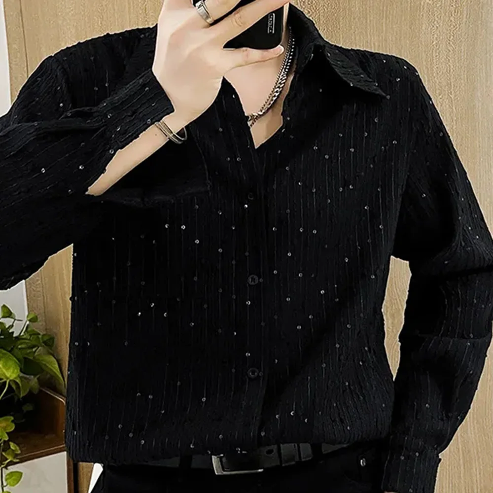 

Mens Shirt Sequin Starry Sky Casual Shirt Nightclub Streetwear Personality Temperament Party Niche Top Men'S Clothing 2024