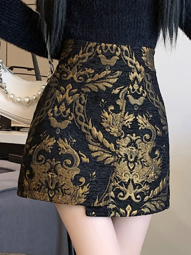 

SMTHMA New Autumn New Palace Style French Vintage Jacquard Skirt Women's High Waist Elegant A- Line Skirt Female Clothing