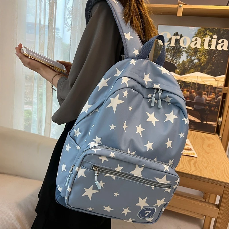 

Large Capacity Nylon Backpack Solid Color Star Design Multi-Zipper Pockets Student Schoolbag Women's Lightweight Commuter Bag