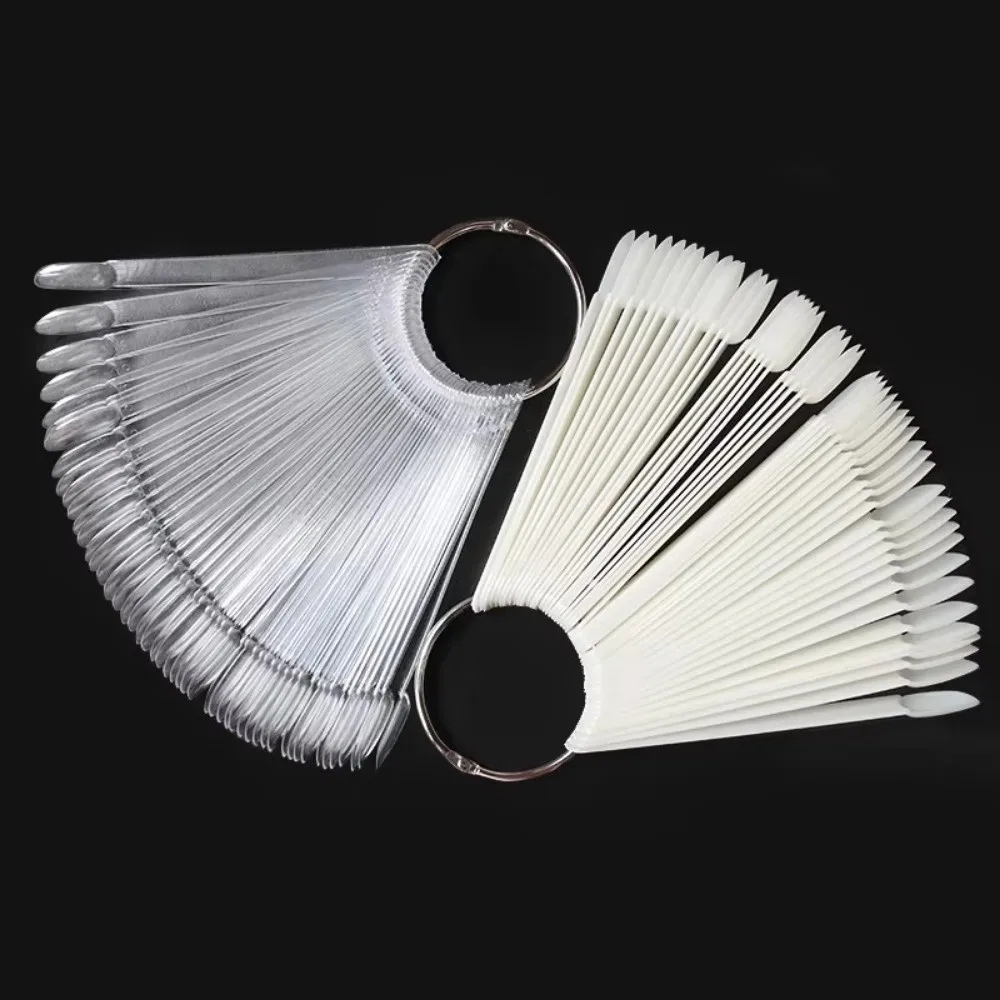 50pcs Clear Nail Sample Sticks Fan-Shaped Nail Swatch Nail Practice Display Tips False Nail Tips with Rings Nail Display Sticks