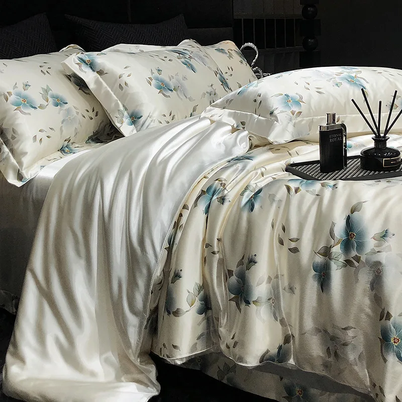 New Pastoral Printing Faux Silk Bedding Set Summer Cozy Smooth Bedclothes for Naked Sleep Luxury Rayon Double Size Bedroom Decor