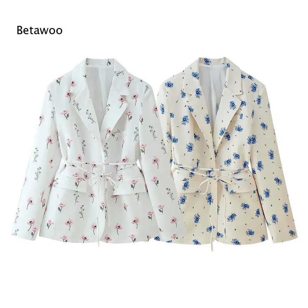 

2026 Womens Lightweight Floral Print Blazer with Waist Tie and Notch Lapel