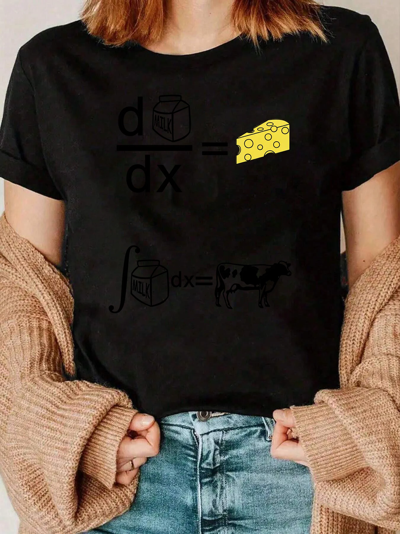 Camiseta con estampado de matemáticas de vaca y queso de leche, ropa informal para mujer, 220g