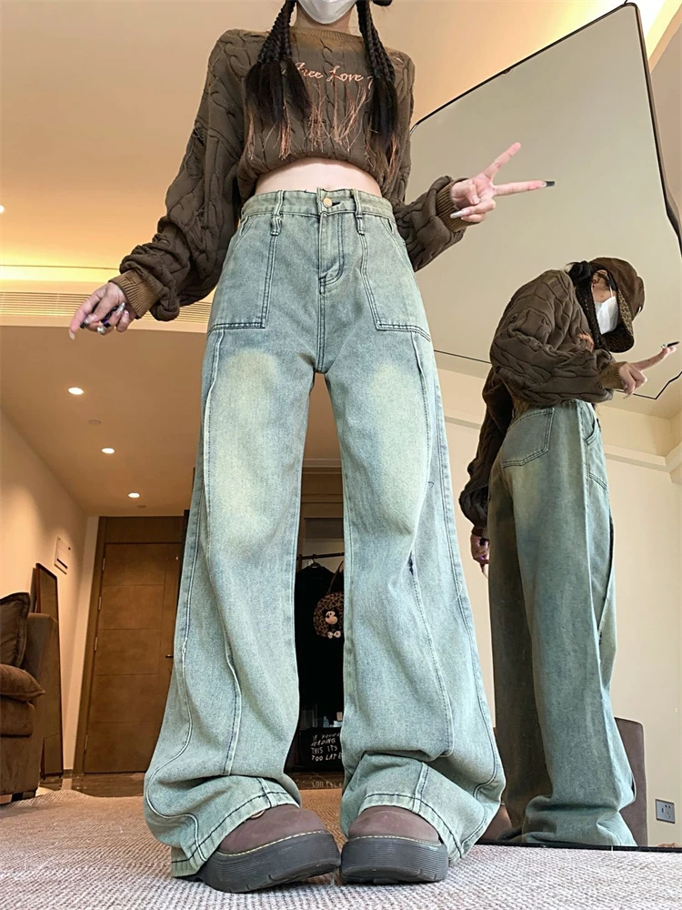 

Women's Washed Old Patchwork Design Vintage Jeans High Waisted Straight Vintage 90s Trouser Streetwear Casual Y2K Denim Pants