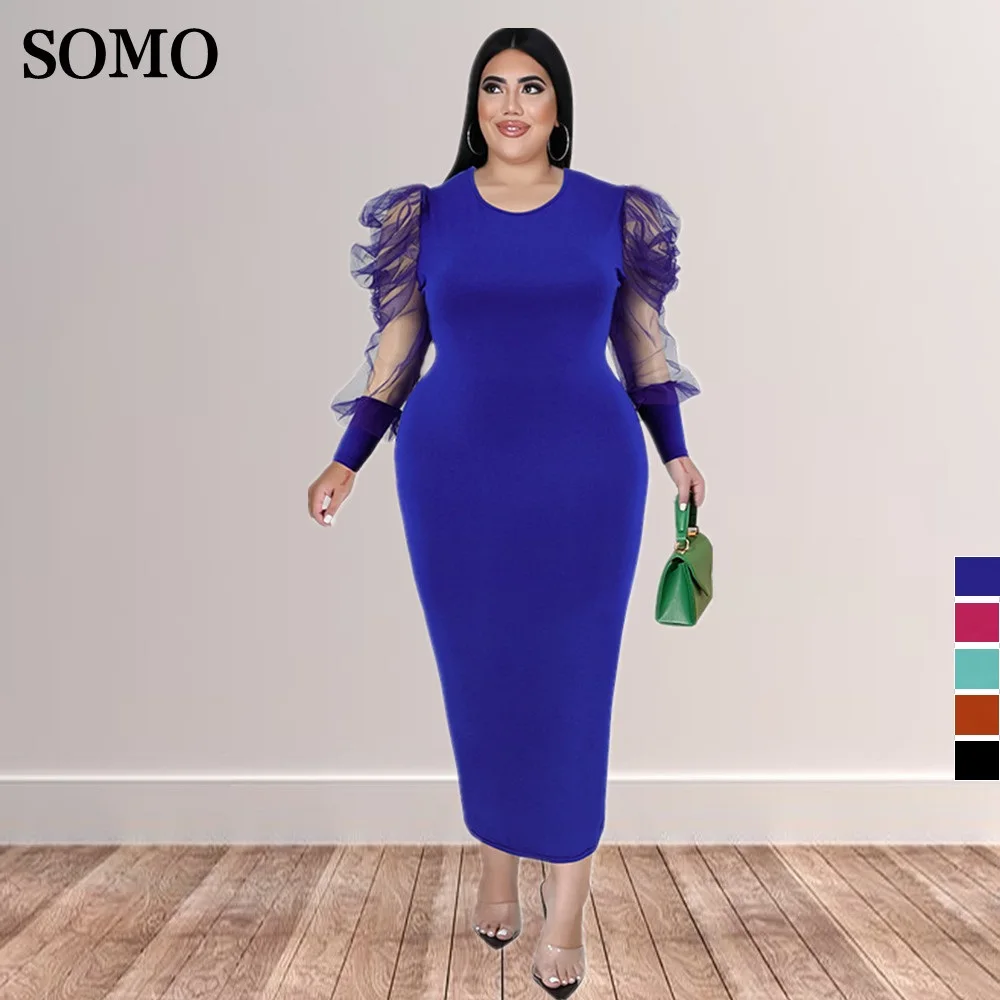 

SOMO 2022 O Neck Women Slim Elegant Casual Dresses Fashion Mesh Long Sleeve Plus Size Party Dress Wholesale Dropshipping