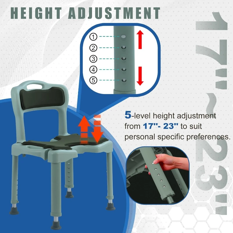 كرسي استحمام مريح لكبار السن والمعاقين، مقعد دش مع ظهر مبطن ومسند للذراعين، ارتفاع 5 مستويات قابل للتعديل