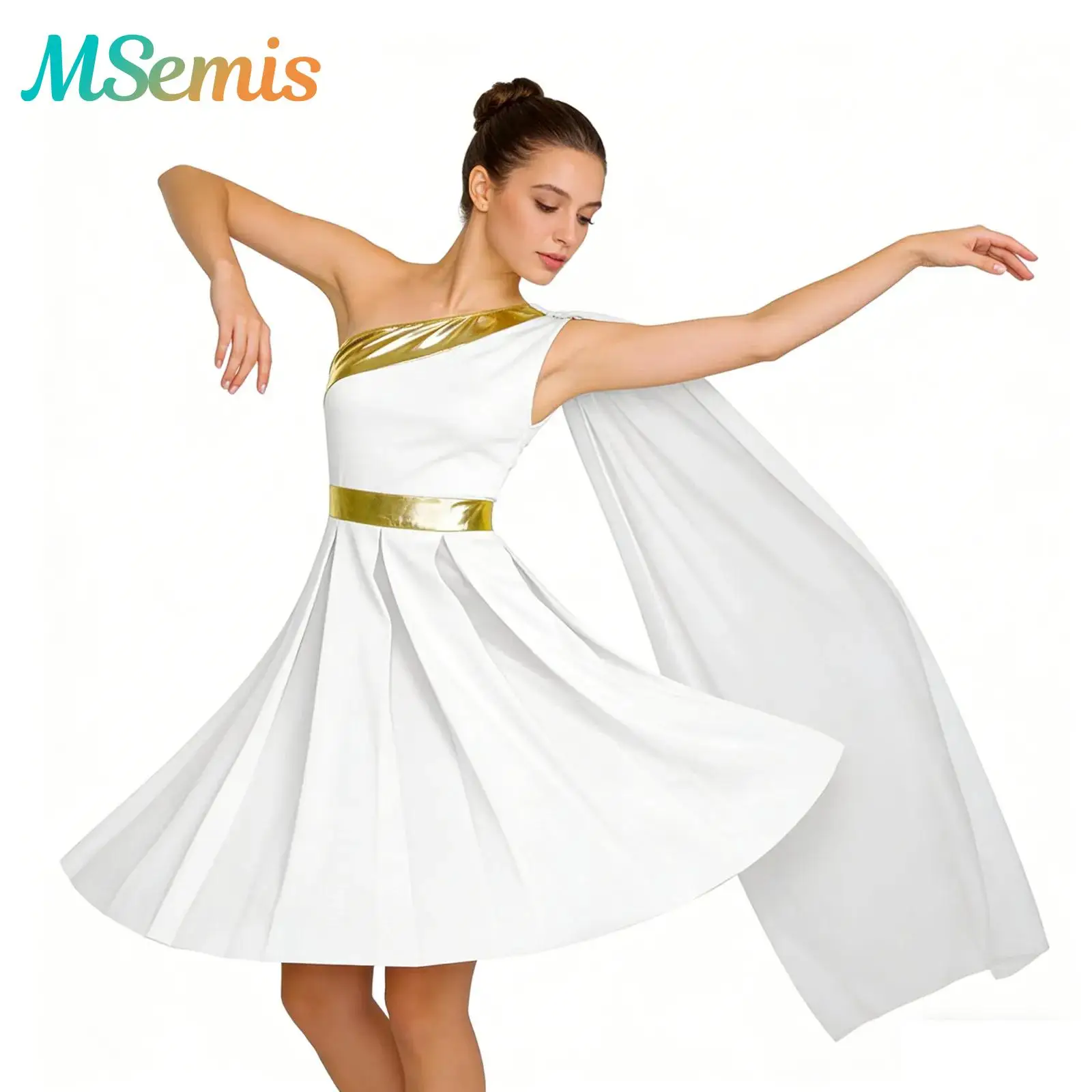

Womens Lyrical Worship Liturgical Praise Ballet Dance Choir Performances Costume Metallic Shiny Slit Hem Tunic Dress with Drape