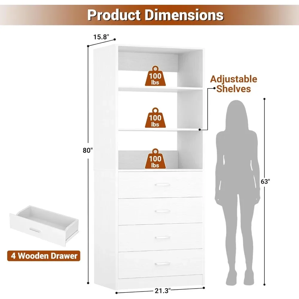 2025-NEW-2025-NewCloset Drawers System، نظام تنظيم الخزانة الخشبية مقاس 21.3 بوصة مع 4 أدراج، وحدة تخزين نظام الخزانة المشي