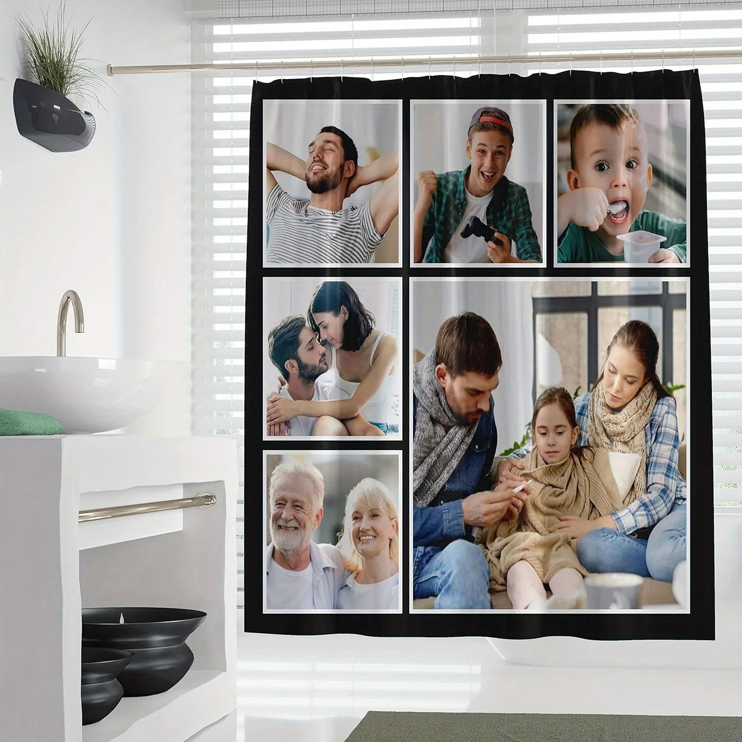 

This customizable polyester shower curtain features a variety of patterns, is easy to clean, and comes with hooks.