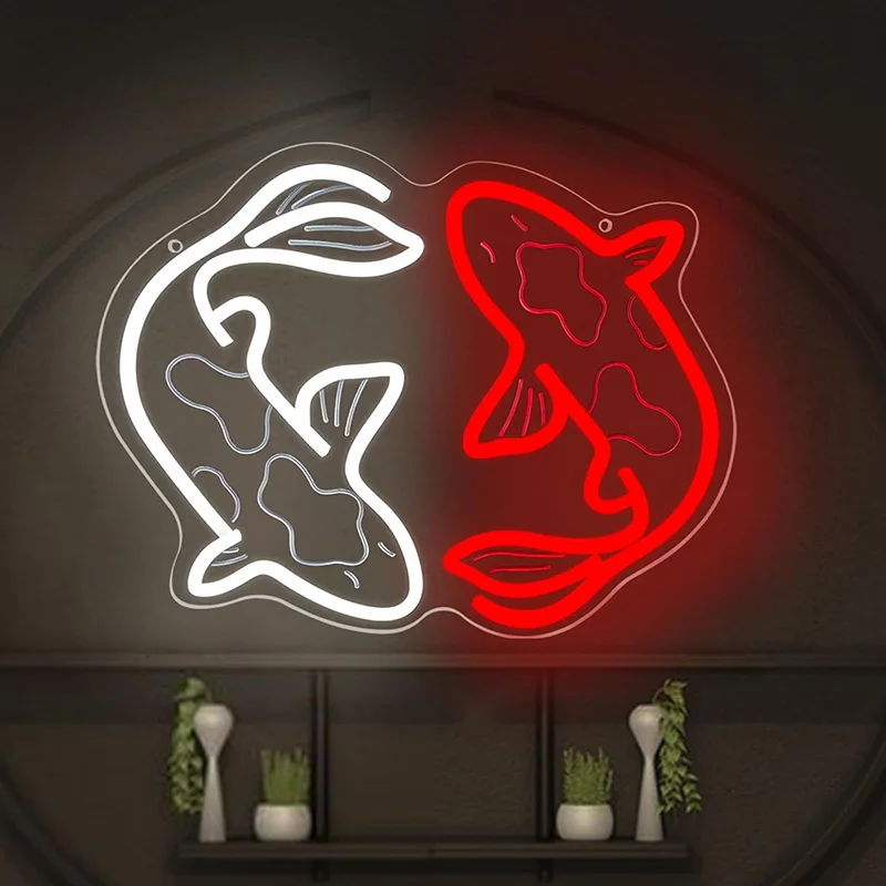 Koi Fish Neon Signs for Wall Decor Japanese Fishes Neon Light Signs Up Night Red White Lights for Bedroom Neon Signs