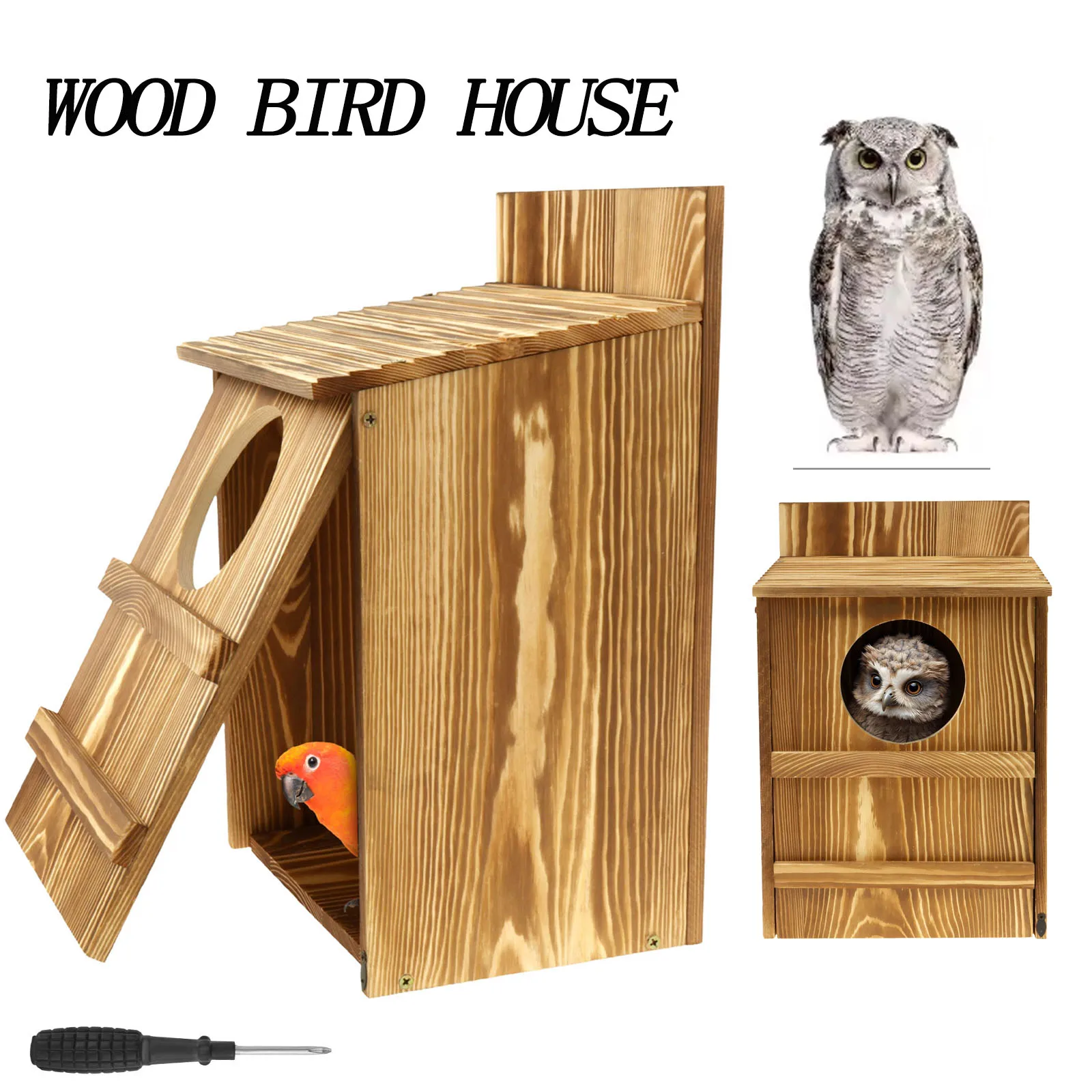 

Wood Owl House Circular Opening Bird House Large Size Nest Birds Breeding Box Hanging Pet Accessories Balcony Decoration