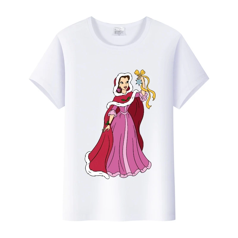 Cute Disney Cartoon Beauty And The Beast Princess Graphics Womens T-Shirt Summer Tees Loose O-Neck Girl Blouses Ladies White Top