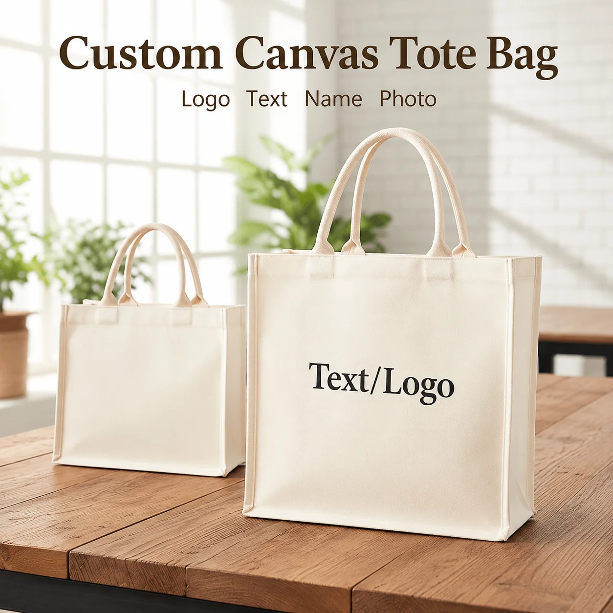 Custom Canvas Tote Personalized Logo Text Photo Print Eco Reusable Shopping Bag Two Sizes Portable Business Daily DIY Gift Hand