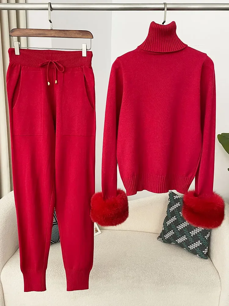 2025 feminino nova moda outono inverno camisola de malha calças compridas conjunto jaqueta camisola grosso quente natural real casaco de pele de raposa feminino