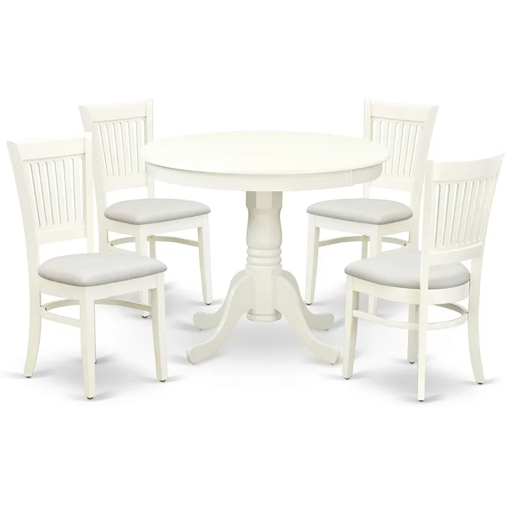 5 Piece Dining Room Table Set Includes a Round Kitchen Table with Pedestal and 4 Linen Fabric Upholstered Dining Chairs