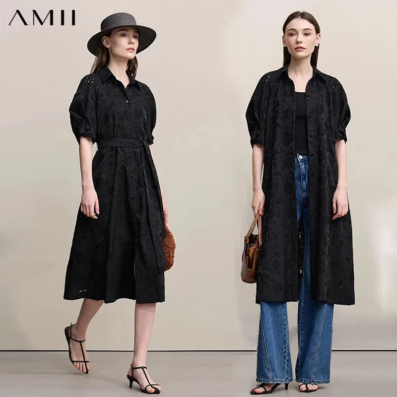 

Amii Women's Dress 2026 Spring New Casual A-Line Loose Long Dress Women's Embroidery Short Sleeve Belted Woman Clothing 12641104