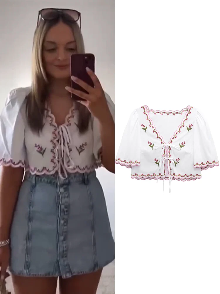 

TFMLN Embroidery Shirts Blouses For Womens Summer Lace Up Round Neck Short Top Loose Short Sleeve Casual Shirt Retro Style