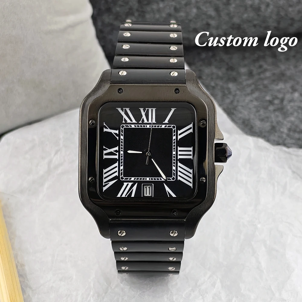 NH35 Square Watch 38mm Black Watch Customized Logo Watch Stainless Steel Watch NH35 Movement Watch