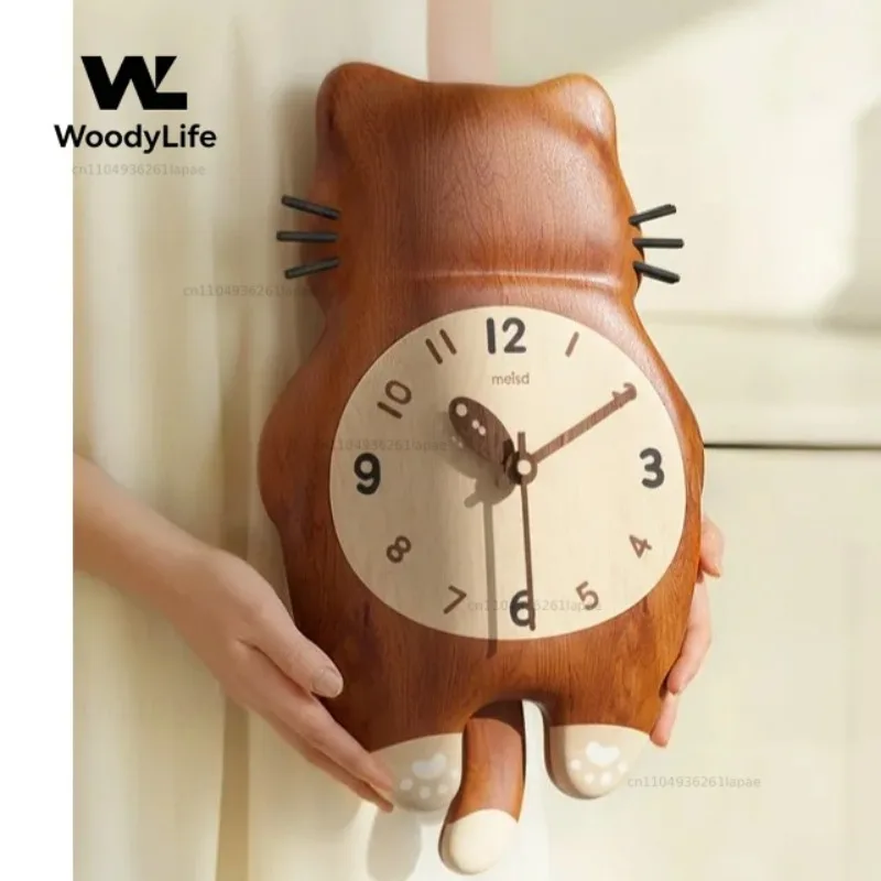 Retro Cat Wall Clock, Solid Wood Feline Design for Living Room, Whimsical Kitchen & Bedroom Decor