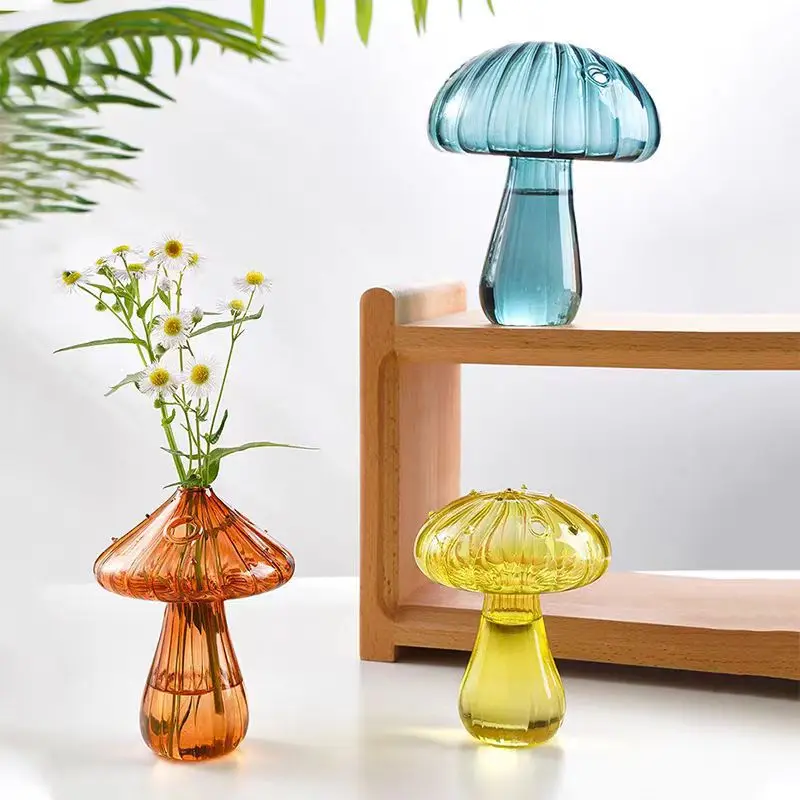 Hydroponic Plant Flower Nordic Style Indoor Home Decor Arrangement Ornament Room Desktop Decoration Glass Colorful Mushroom Vase
