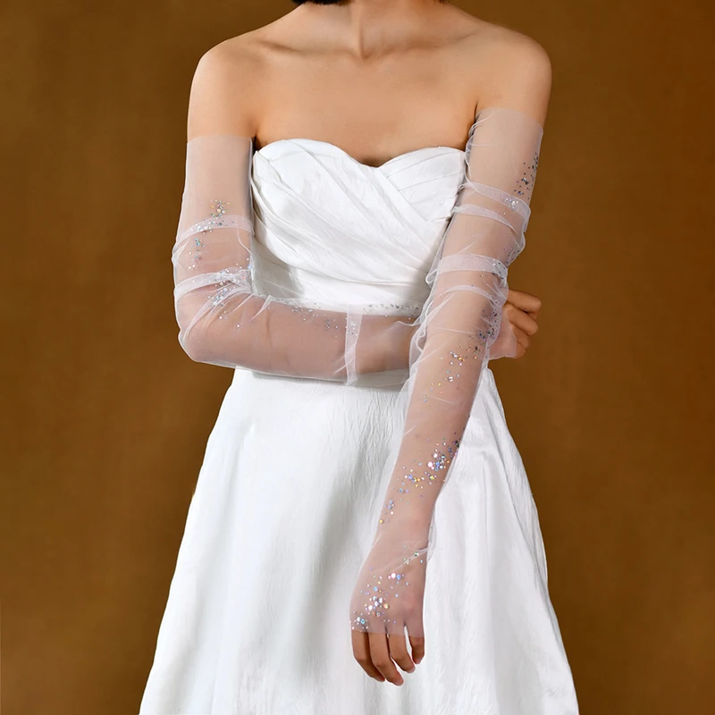 Elegant Colorful Sequins Wedding Dress Decoration Mesh Extended Arm Sleeves Fingerless Long Bridal Gloves Accessories