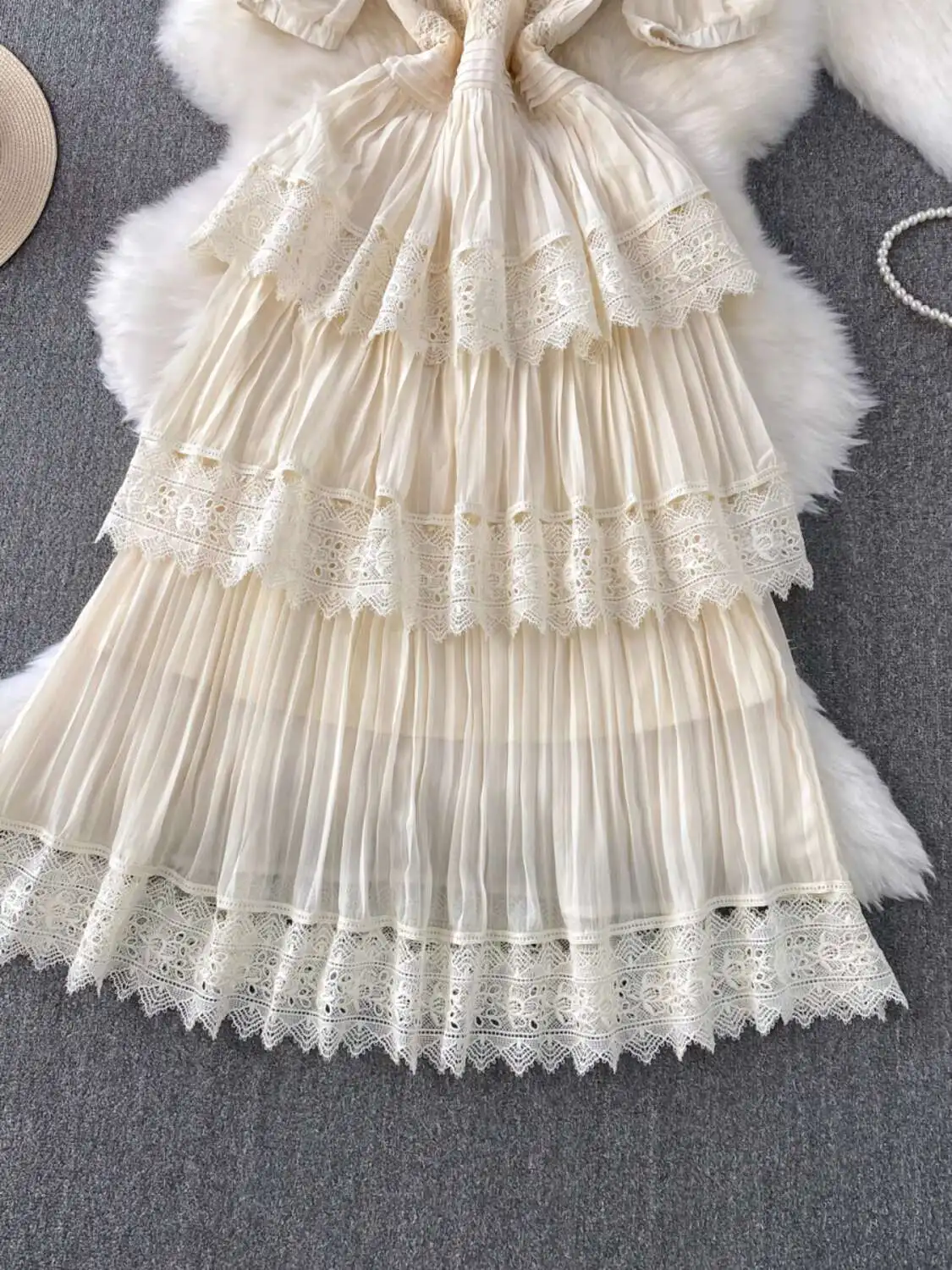 Elegant Hollow Out เค้กยาวชุดชีฟองผู้หญิงฤดูร้อนแขนสั้นถักโครเชต์ Midi หญิงพรหมชุดราตรี Vestidos