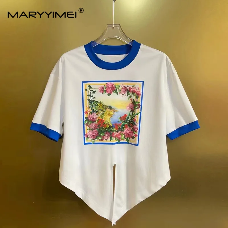 MARYYIMEI Summer Women\'s Suit Romantic Daily Basic Vacation Short-Sleeve Tops+Pleated Skirt Print Cotton 2 piece set